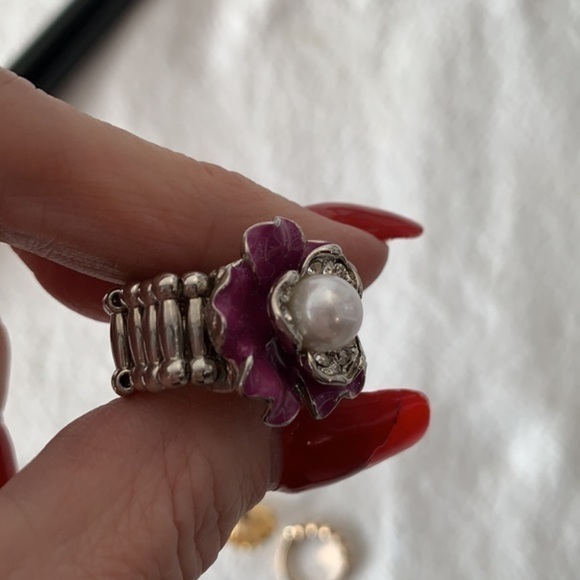 💐5/25 faux Pearl large flower purple enamel large bling statement ring stretch - Picture 5 of 7